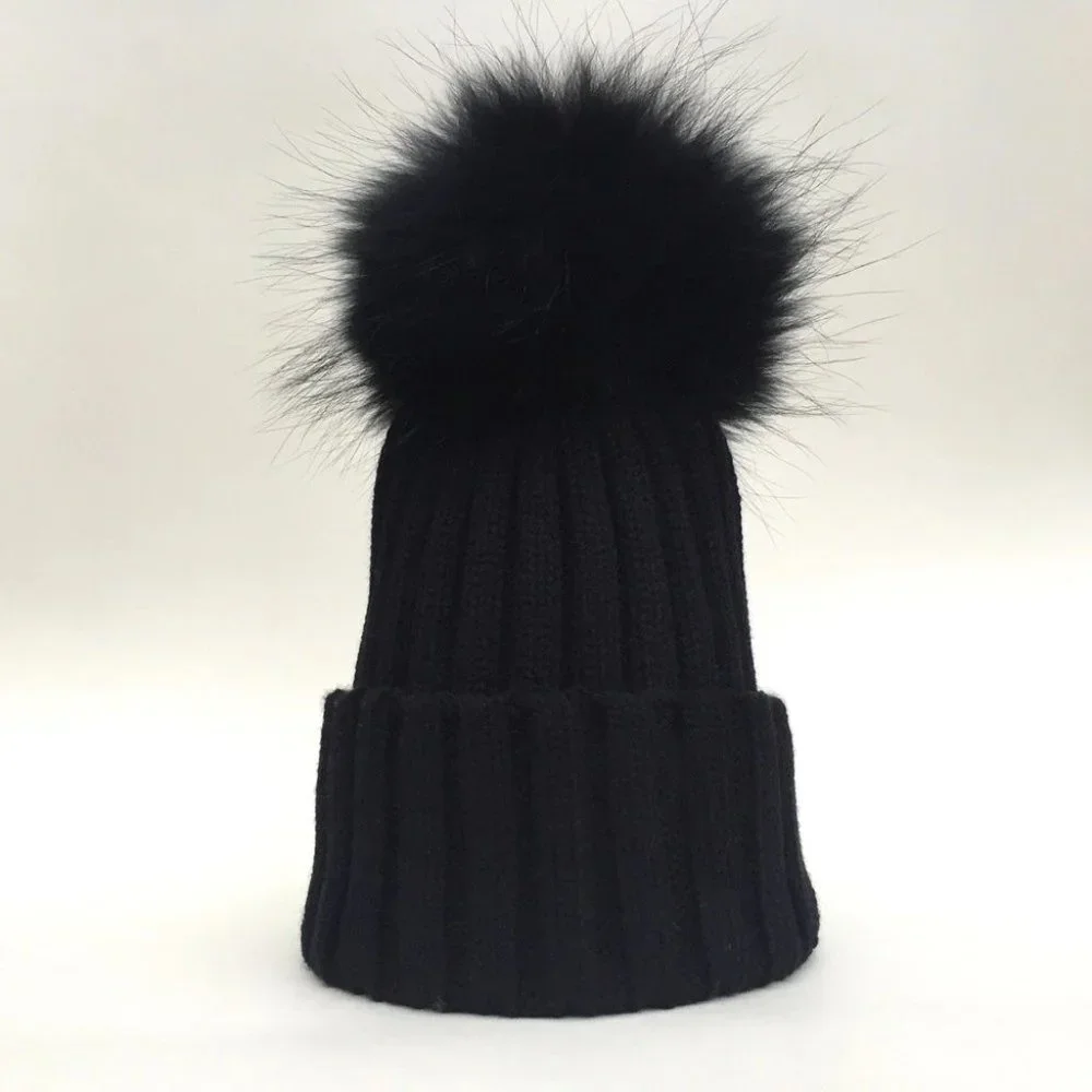 BLACK FUR POM BEANIE HAT - Picture 2 of 10